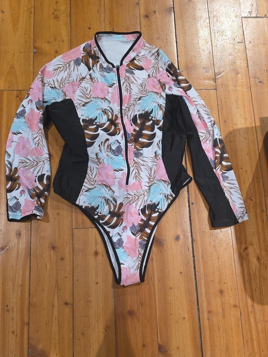 SHEIN Other - SHEIN Black Panel Floral Long-Sleeve One-Piece Swimsuit - Pink Blue Brown